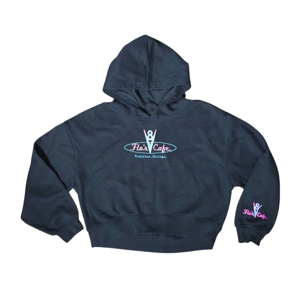 Disney Parks Cars Radiator Springs Flos Cafe Women Junior M Cropped Hoodie Black